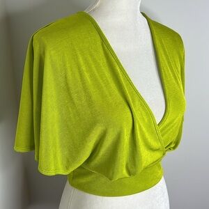 Y2K Objex Lime Green Slinky Faux Wrap Crop Top V Neck Dolman Sleeve Size M